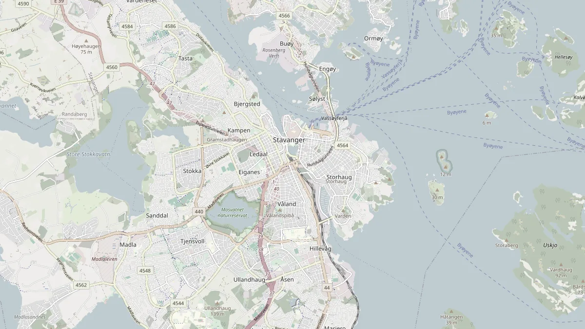 Kart over Stavanger sentrum med omegn. Markøren står i sentrum, uten gateadresse.
